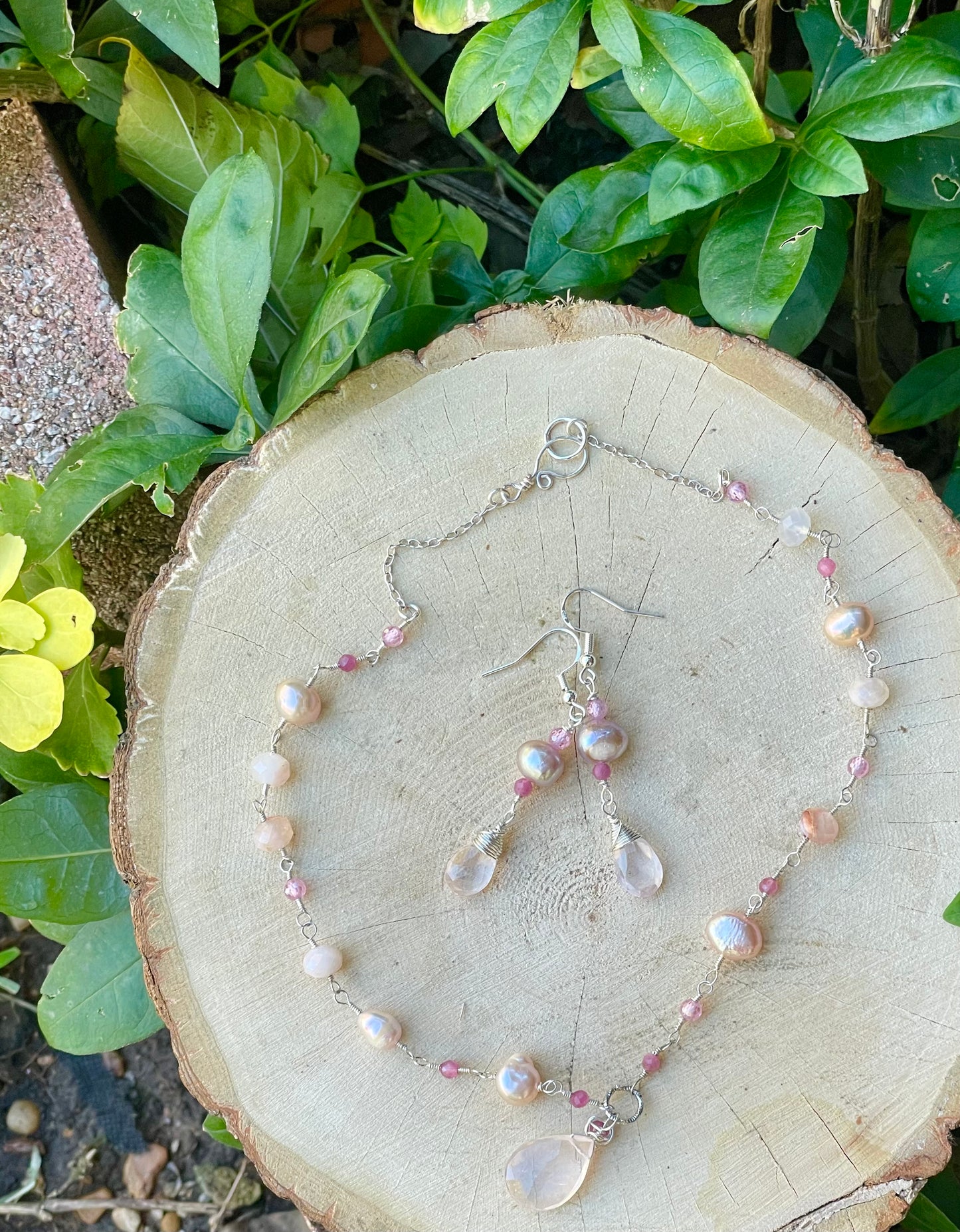 Rose Quartz, FW Pink Pearl and Gemstone Silver Necklace