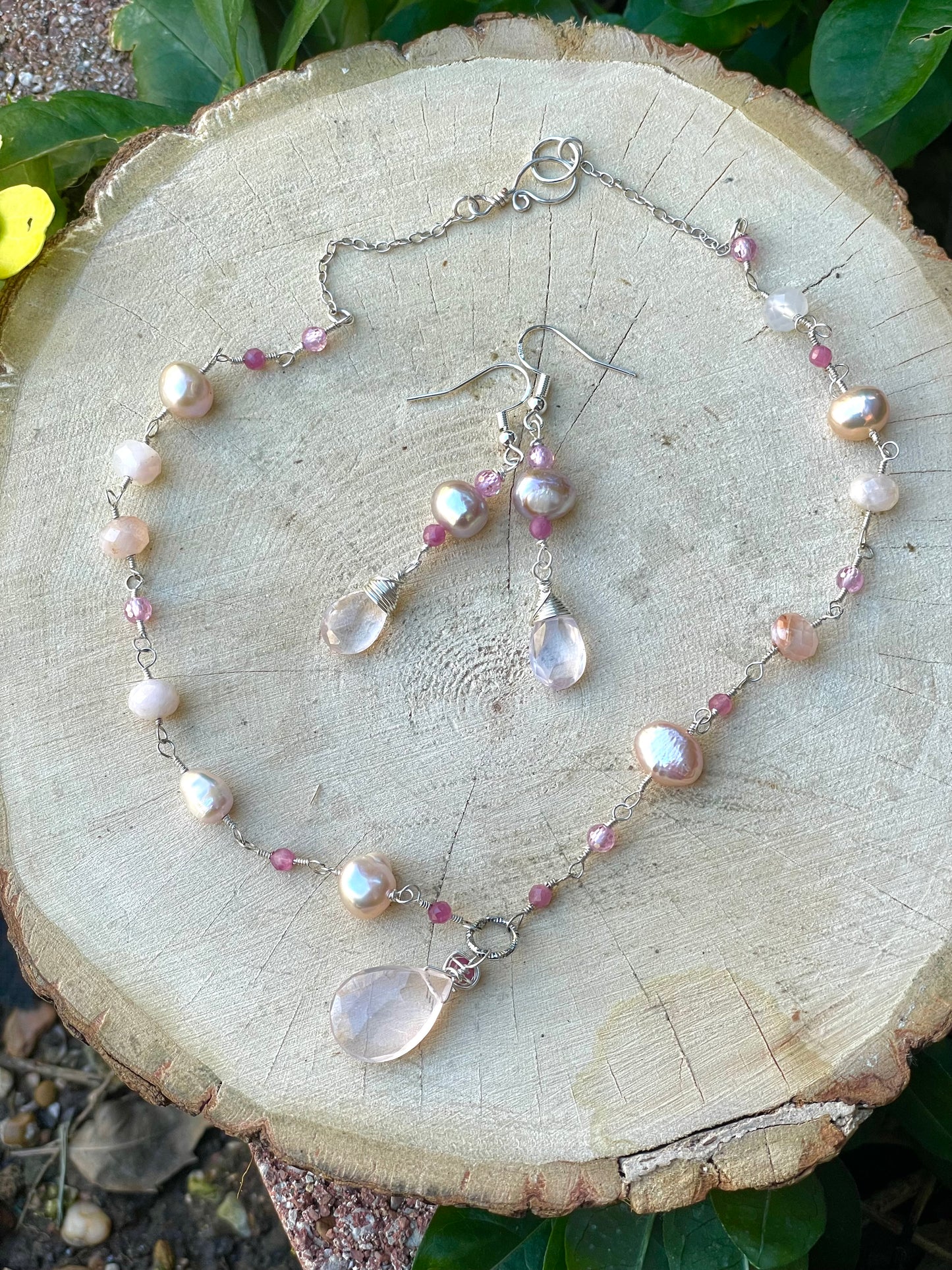 Rose Quartz, FW Pink Pearl and Gemstone Silver Necklace