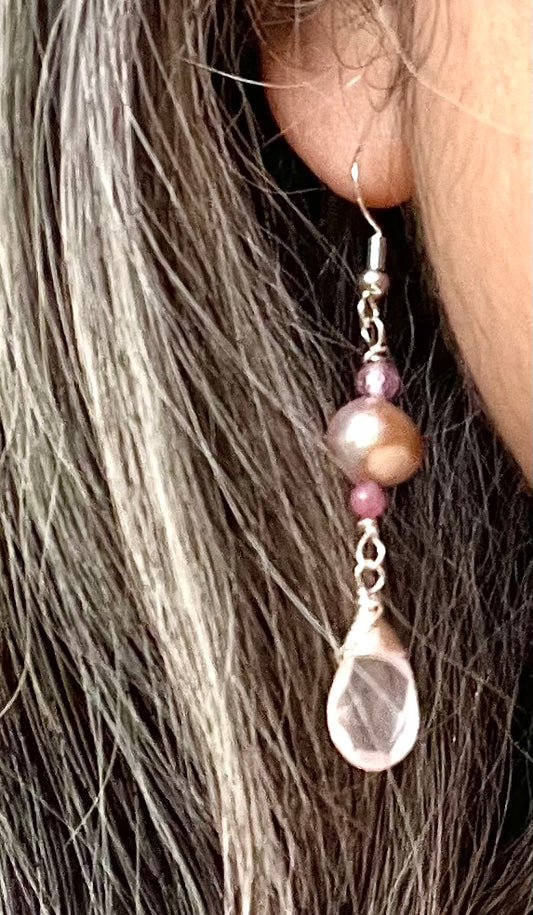 Rose Quartz, freshwater pearl silver earrings