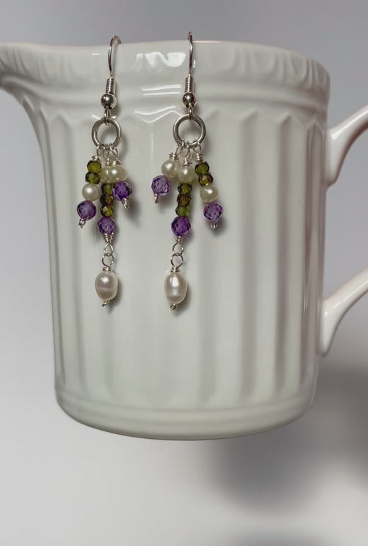 Pearls, Purple And Green CZ Dangle Earrings